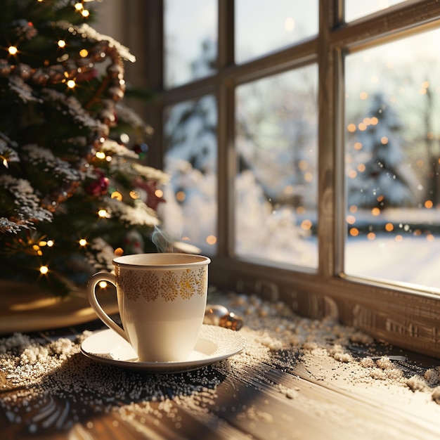 Photo a coffee cup rests on the window sill near a christmas tree