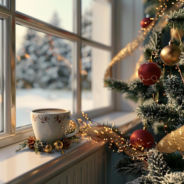 Photo a coffee cup rests on the window sill near a christmas tree