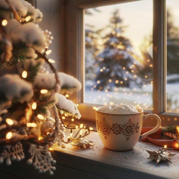 Photo a coffee cup rests on the window sill near a christmas tree