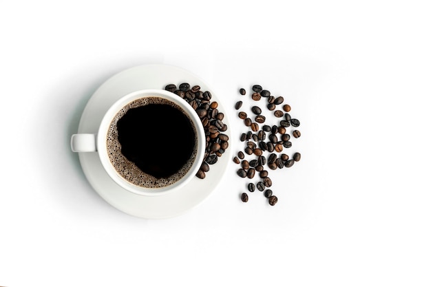 Coffee cup and roasted coffee beans isolated on white background