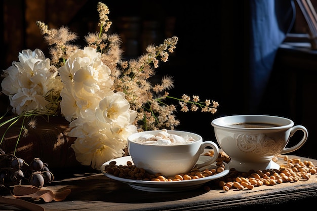 Coffee cup on rustic table with scattered grains emanating aroma and comfort generative IA