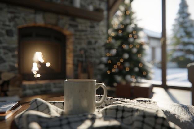 Photo a coffee cup sits on a table in front of a fireplace