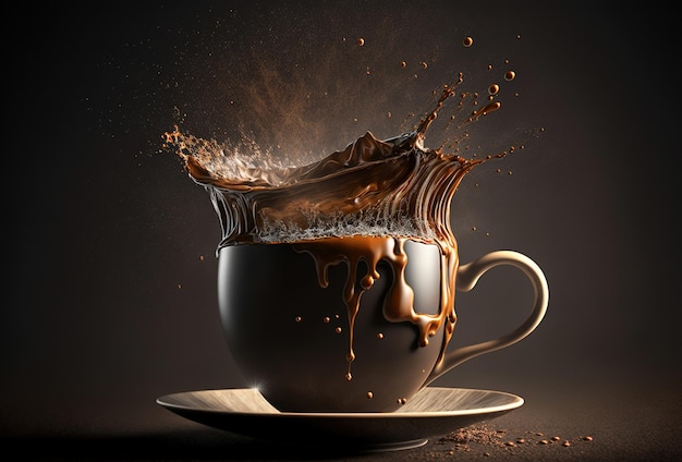 Coffee cup splash and splatter Burst of brown liquid drips Abstract illustration on dark background AI generated