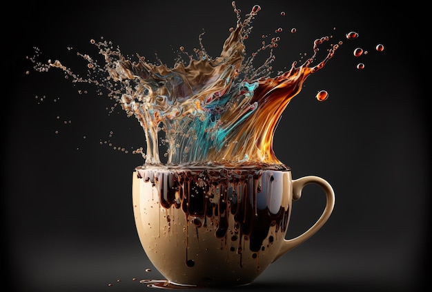 Coffee cup splash and splatter Burst of brown liquid drips Abstract illustration on dark background AI generated