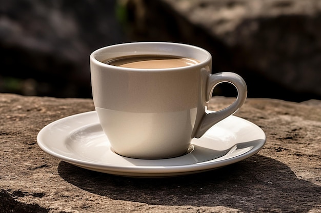 Coffee cup on a stone pillar