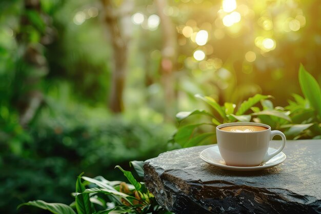 Photo coffee in cup on stone table around nature with trees background