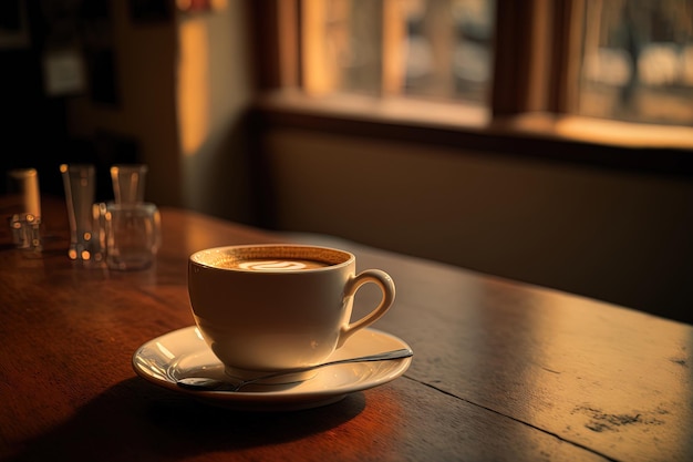 A coffee cup on a table in a cafe