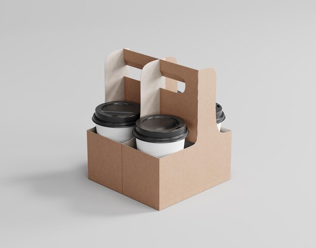 Coffee cup takeout holder, kraft cafe carrier mockup, 3d rendering, 3d modeling