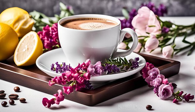 Coffee cup on tray with limonium rose eustoma and snapdragons flower on white background