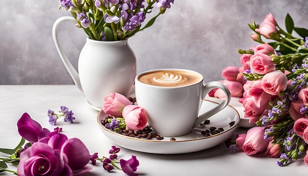 Coffee cup on tray with limonium rose eustoma and snapdragons flower on white background