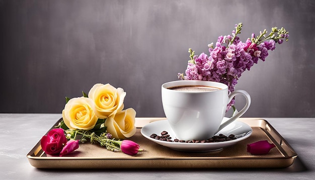 Coffee cup on tray with limonium rose eustoma and snapdragons flower on white background