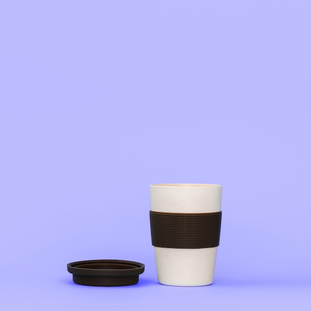 Coffee cup on a violet background. Light cup with a brown lid.