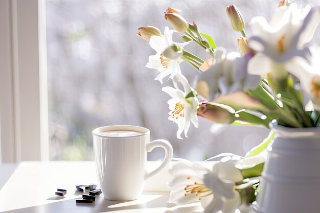 Coffee Cup on White Table Background Cozy Morning Coffee Mug Sweets Abstract Generative AI Illustration