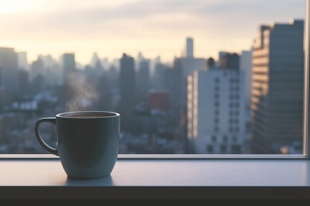 Photo coffee cup on a windowsill with a city view