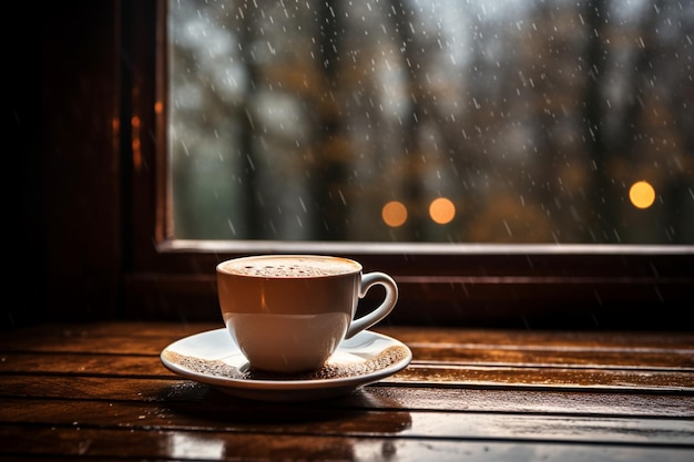 Coffee cup on a windowsill with raindrops on the window