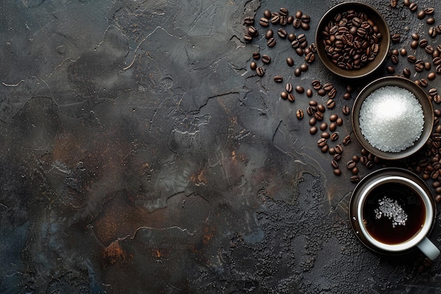 Photo coffee cup with beans and sugar on a stone background