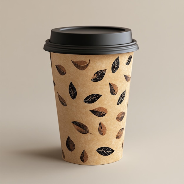 a coffee cup with a black lid and leaves on it