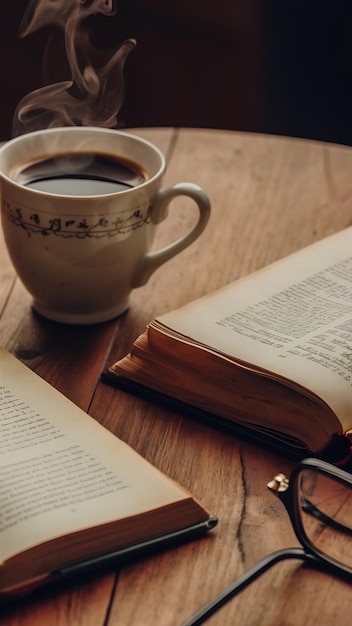 Coffee cup with book and eyeglasses