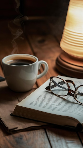 Coffee cup with book and eyeglasses