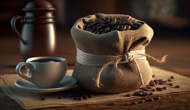 Coffee Cup With Burlap Sack Of Roasted Beans Generative AI