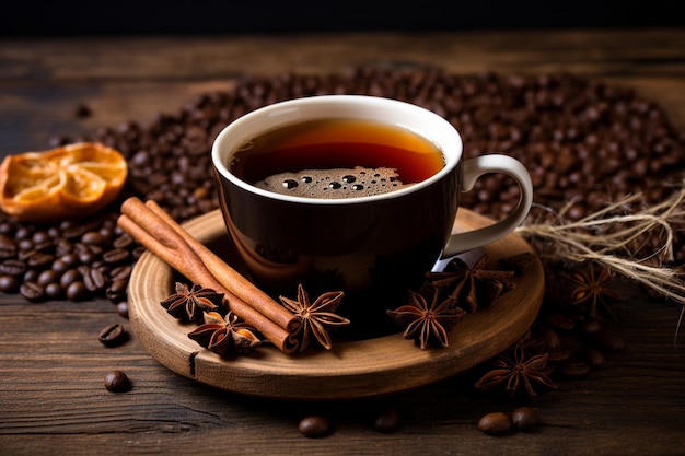 A coffee cup with cinnamon sticks and star anise