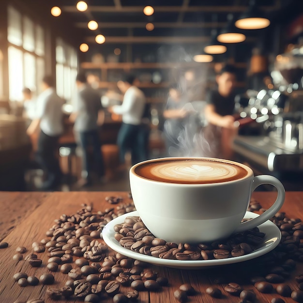 Coffee cup with coffee beans beside the coffee cup