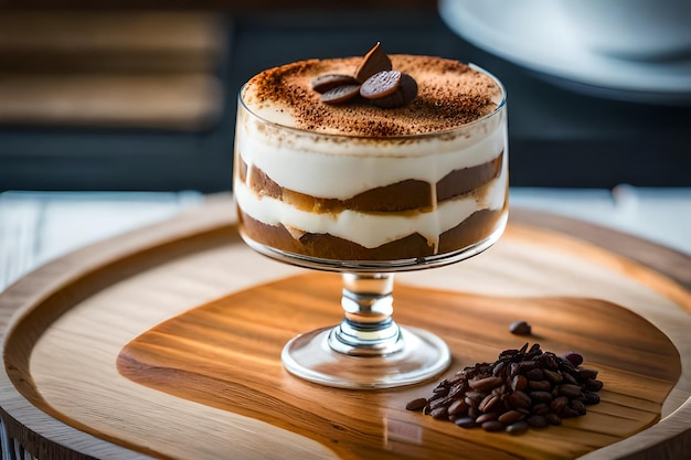 a coffee cup with coffee beans and coffee beans on a wooden tray