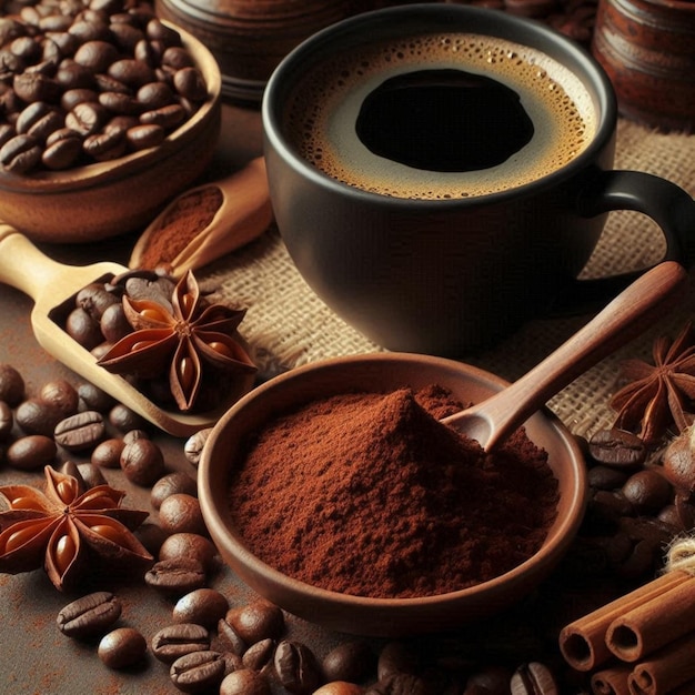 a coffee cup with coffee beans and a cup of coffee