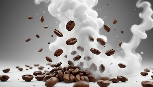 a coffee cup with coffee beans falling over it