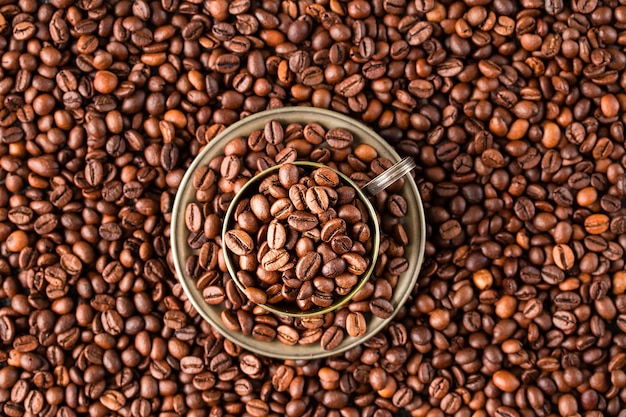 Coffee Cup with coffee beans. Top view