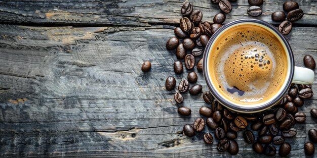 coffee cup with coffee beans on wood