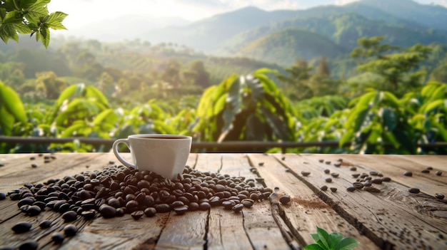 Coffee cup with coffee beans on the wooden table and the plantations in natural