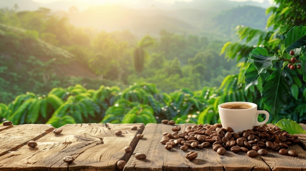 Coffee cup with coffee beans on the wooden table and the plantations in natural