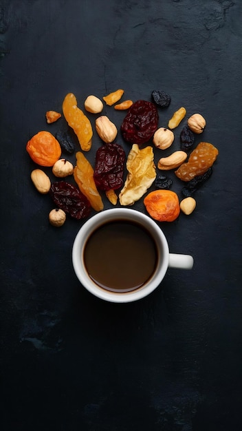 Coffee cup with different dried fruits and nuts