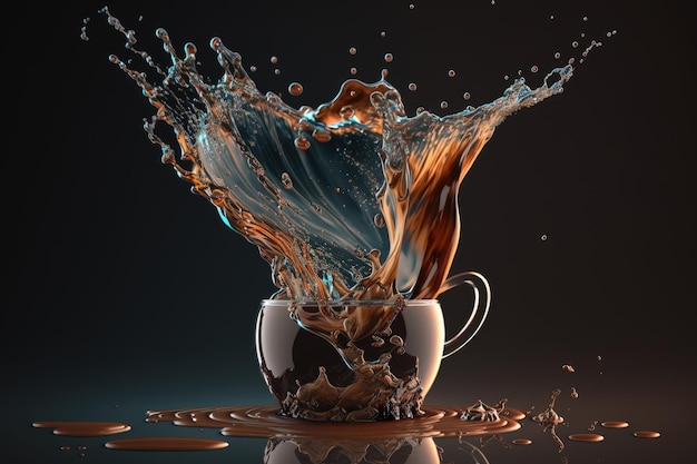 Coffee in cup with falling of splash and steam Morning drinks with Generative AI