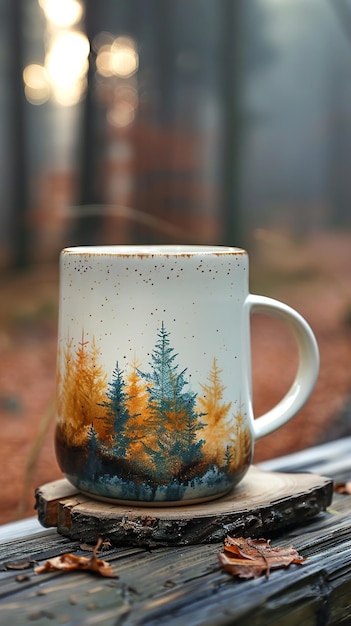 a coffee cup with a forest scene on it