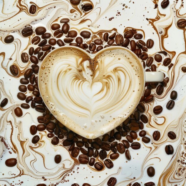 Photo a coffee cup with a heart shape and coffee beans on top