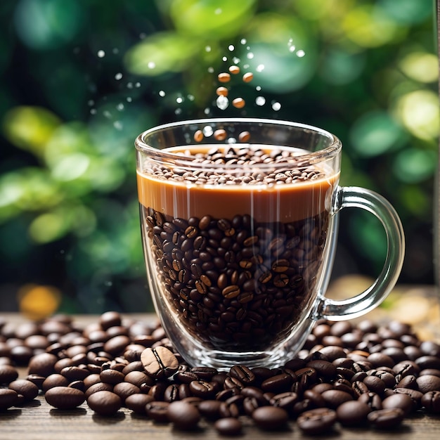 Coffee cup with hot coffee in a coffee garden coffee beans are fallen randomly