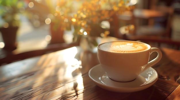 Coffee Cup with Latte Art on Wooden Table in Sunlit Caf