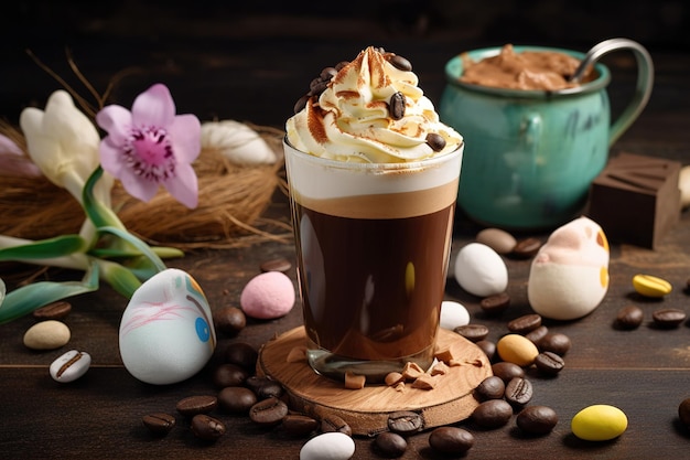 A coffee cup with a latte and eggs on the table