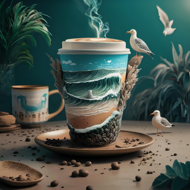 A coffee cup with a painting on it