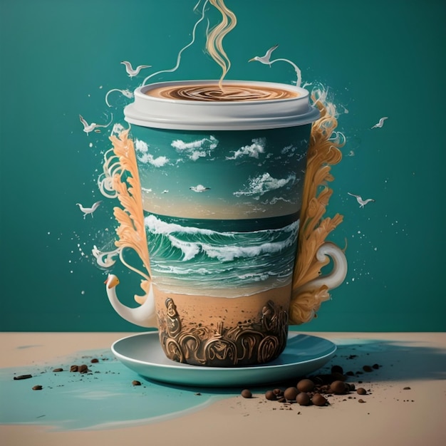 A coffee cup with a painting on it