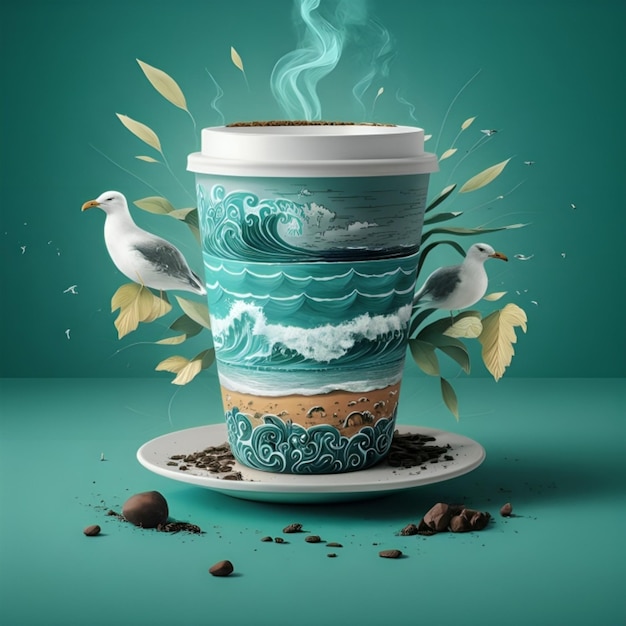 A coffee cup with a painting on it