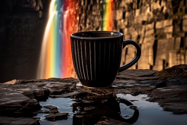 Coffee cup with a rainbow and waterfall in the background