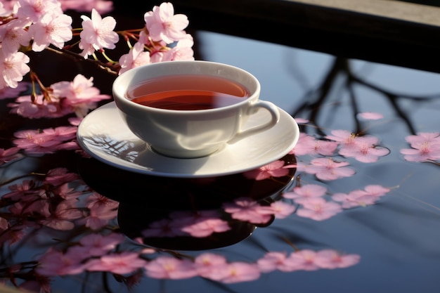 Coffee cup with a reflection of a cherry blossom tree in the liquid