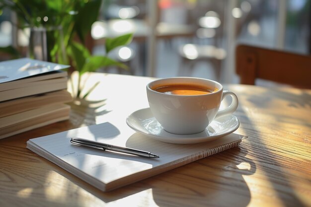 Coffee cup with a small plant pot and notebook on a wooden table under sunlight AI Generated