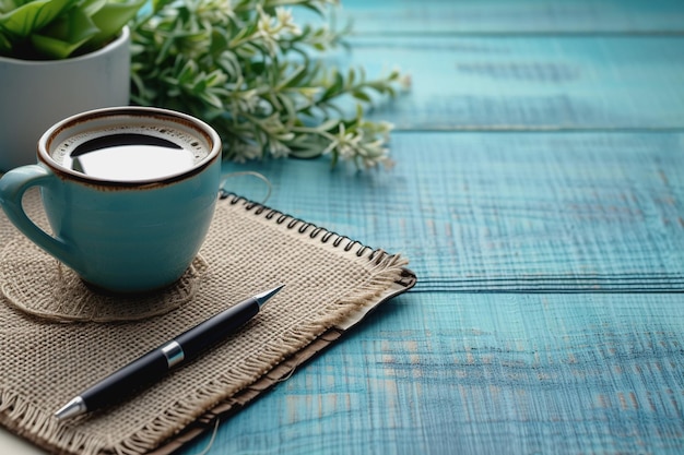 Coffee cup with a small plant pot and notebook on a wooden table under sunlight AI Generated