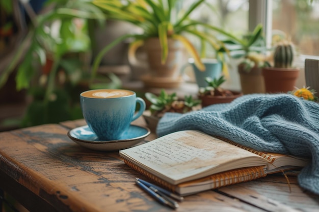 Coffee cup with a small plant pot and notebook on a wooden table under sunlight AI Generated