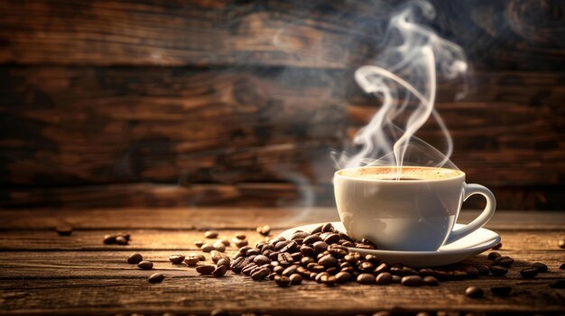 Coffee cup with smoke and coffee beans on old wooden background