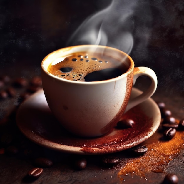 Coffee cup with smoke on dark background Illustration AI Generative